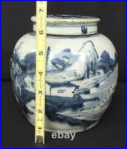 Antique Chinese Blue and White Porcelain Ginger Jar with Lid, Fishing Village Art