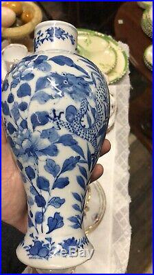 Antique Chinese Hand Painted Blue & White Dragon Pattern Porcelian Vase c1880s