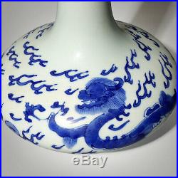 Antique Chinese Old Qing Kangxi Blue & White Porcelain Grass Leaf Dragon Vase US