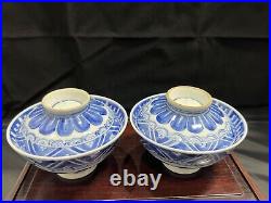 Antique Chinese Pair Lidded Tea Bowl Teacup Qing Dynasty Blue White Porcelain