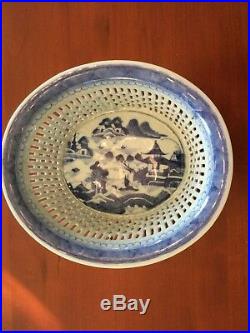 Antique Chinese Porcelain Canton Export Blue & White Reticulated Basket