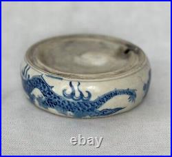 Antique Chinese Qing Qianlong Blue White Porcelain Inkstone Dragon 1735-1796