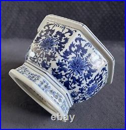 Antique Chinese Scrolling Lotus Peony Blue White Octoganal Jardinierre Planter