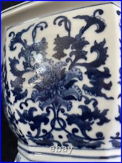 Antique Chinese Scrolling Lotus Peony Blue White Octoganal Jardinierre Planter