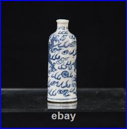 Antique Chinese blue and white Porcelain dragon snuff bottle kangxi mark
