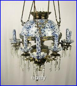 Antique Delft Blue White Porcelain Brass Chandelier Dutch 1 Light Exquisite