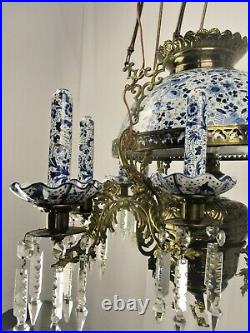 Antique Delft Blue White Porcelain Brass Chandelier Dutch 1 Light Exquisite