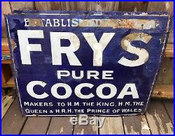 Antique Frys Cocoa Porcelain Enamel 30 Blue White Sign, As Found