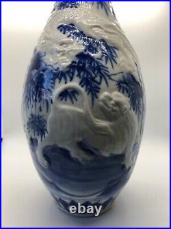 Antique Japanese Arita Blue & White Porcelain High Relief Vase Meiji Large