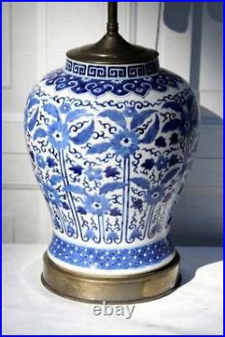 Antique Kangxi Chinese Lamp Blue White Porcelain Jar Vase