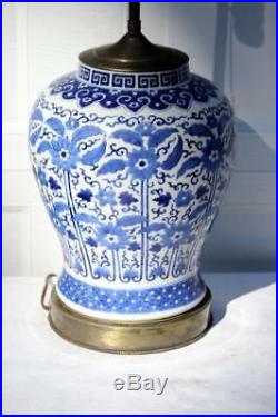 Antique Kangxi Chinese Lamp Blue White Porcelain Jar Vase