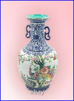 Antique Large Chinese Blue White Famille rose Porcelain Flower And Phoenix Vase