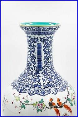 Antique Large Chinese Blue White Famille rose Porcelain Flower And Phoenix Vase