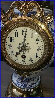 Antique Late 19th Century French Blue and White Porcelain Brass Mantel Clock