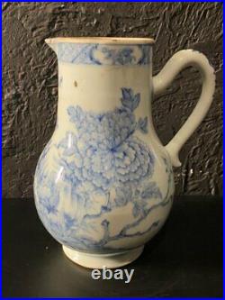 Antique Pitcher Porcelain White Painted Hand Flower Blue Kangxi Arabesques 18th