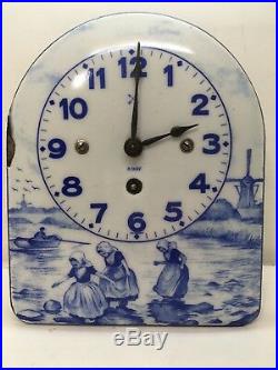 Antique Porcelain Enamel Delft Style Wall Clock 8 Day Germany Blue & White