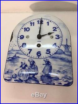 Antique Porcelain Enamel Delft Style Wall Clock 8 Day Germany Blue & White