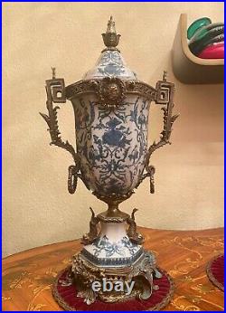 Antique RARE Porcelain Brass Crackle Vase Urn with Lid Handpainted White Blue