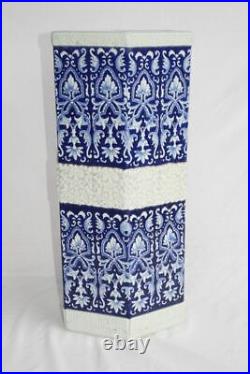 Antique Tall Hexagon Blue and White Porcelain Umbrella Stand Cane Hand Painted