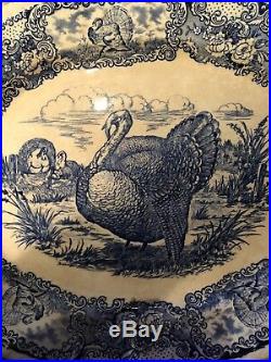 Antique Turkey Oval Serving Platter Blue & White RN Staffordshire England Rare
