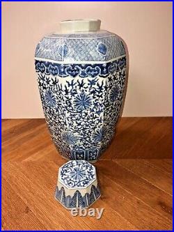 Antique/ Vintage Chinese Blue & White Porcelain Octagonal Covered Vase H 19
