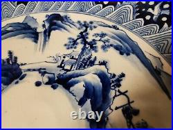 Antique blue & white porcelain bowl China hand painted landscape 16