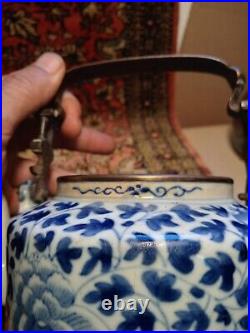 Antique chinese blue white porcelain bronze teapot