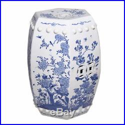 BLUE & WHITE FLORAL BIRD HEXAGON CHINESE GARDEN STOOL, Ceramic, Indoor / Outdoor