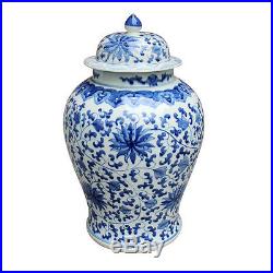 BLUE WHITE TWISTED LOTUS CHINESE Temple Jar, HAND PAINTED, Chinoiserie, 21 H