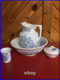 Beautiful Antique White/Blue Pitcher and Wash Basin Bowl Set
