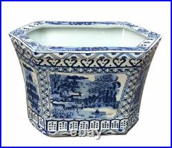 Beautiful Blue and White Blue Willow Hexagon Porcelain Cachepot Planter