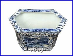 Beautiful Blue and White Blue Willow Hexagon Porcelain Cachepot Planter