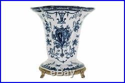 Beautiful Blue and White Emblem Porcelain Contour Vase Ormolu Brass Accent 11
