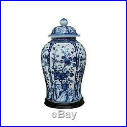 Beautiful Blue and White Floral Motif Porcelain Temple Jar w Base 19