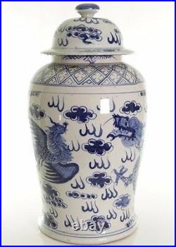 Beautiful Blue and White Porcelain Dragon and Phoenix Temple Jar 18.5