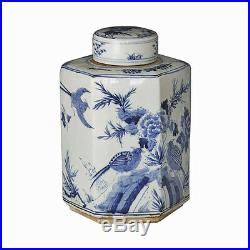 Beautiful Blue and White Porcelain Hexagonal Tea Jar Bird Motif 11 H