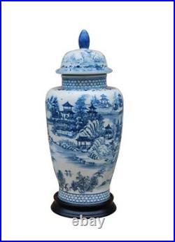 Beautiful Blue and White Porcelain Landscape Blue Willow Temple Jar 16