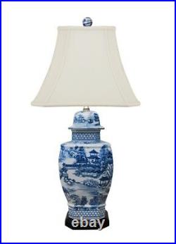 Beautiful Chinese Blue and White Blue Willow Porcelain Temple Jar Table Lamp 27