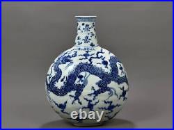 Beautiful Chinese Handmade Painting Blue White Porcelain Dragon Flat Vase