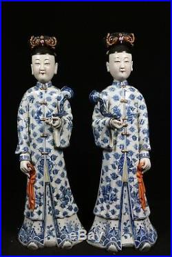 Beautiful chinese blue&white and famille rose porcelain a pair Maids