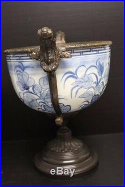 Blue & White Asian Chinese Porcelain Vase with Bronze Base & Lid Home Decor