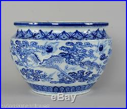 Blue White Japanese Hirado Porcelain Bowl or Jardiniere Dragons Chasing Pearls