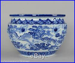 Blue White Japanese Hirado Porcelain Bowl or Jardiniere Dragons Chasing Pearls