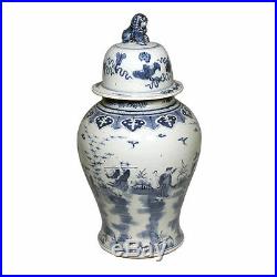 Blue & White Large Porcelain 8 Gods Motif Temple Jar Ginger Jar 24 Foo Dog Top