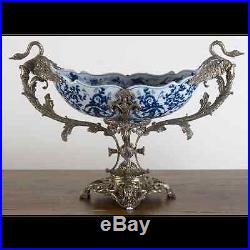 Blue White Porcelain Centerpiece With Bronze Ormolu And Swan Handles