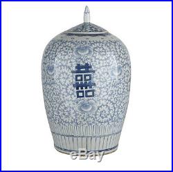 Blue & White Porcelain Double Happiness Chinoiserie Lidded Ginger Jar 14