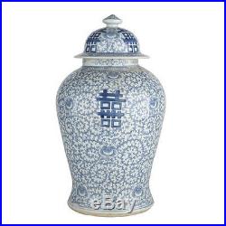 Blue & White Porcelain Double Happiness Chinoiserie Temple Jar 19.5 Tall