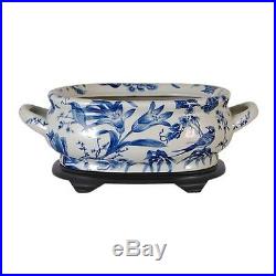 Blue & White Porcelain Foot Bath Basin Chinese Floral Bird Motif w Stand