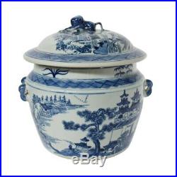 Blue & White Porcelain Landscape Rice Jar with Lid 9 Tall