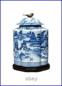 Blue and White Blue Willow Porcelain Scalloped Tea Caddy Jar 15